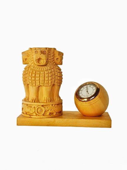 Ashoka Pillar Tabletop Pen Holder crafted in white wood with clock thumbnail 2